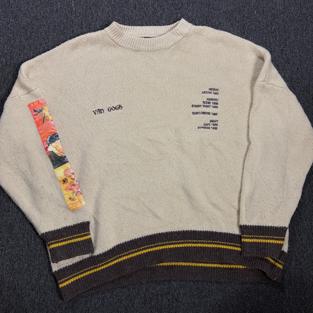 Vintage Y2k Van Gogh Aelfric Eden Art Starry Night Beige Cream Knit Sweater L